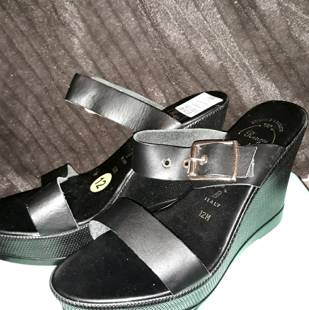 Black Leather Wedge Sandals